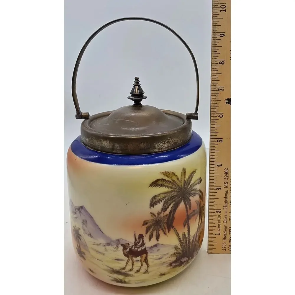 VINTAGE CZECH DESERT SCENE COVERED BISCUIT JAR PORCELAIN WITH METAL FRAME
